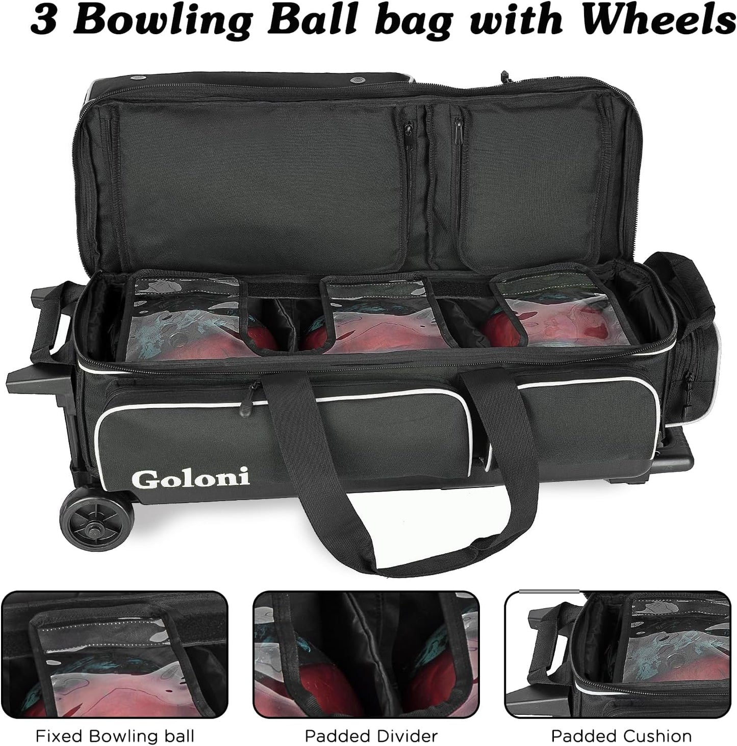 Goloni 3 Ball Bowling Bags with Wheels - Rolling Bowling Bag for 3 Balls & Accessories - Retractable Handle Extends to 38