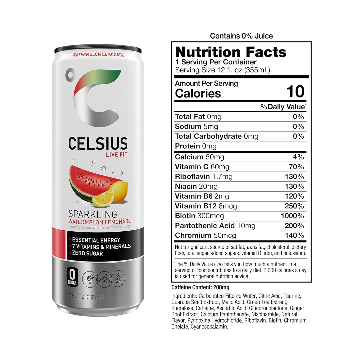 CELSIUS Sparkling Watermelon Lemonade, Sugar Free Energy Drink, 12 Fl Oz (Pack of 12)