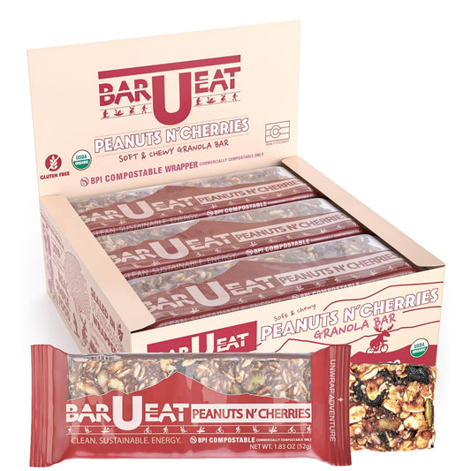 BAR-U-EAT Gluten-Free, Organic, Soft & Chewy Energy Bar. Real Food | Seed Oil Free | No Artificial Sugar | Compostable Packaging | Healthy Snacks (Peanuts N' Cherries 12 Pack)