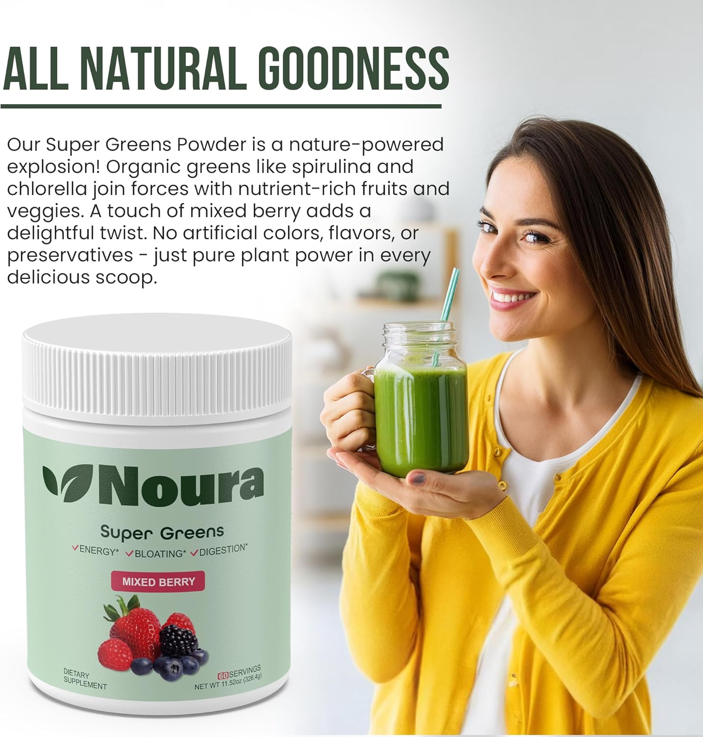 Super Greens Powder, 60 Servings - Immunity, Digestive Enzymes & Probiotics for Energy, Gut Health, Bloating Relief for Women - Greens Superfood Powder - Mixed Berry