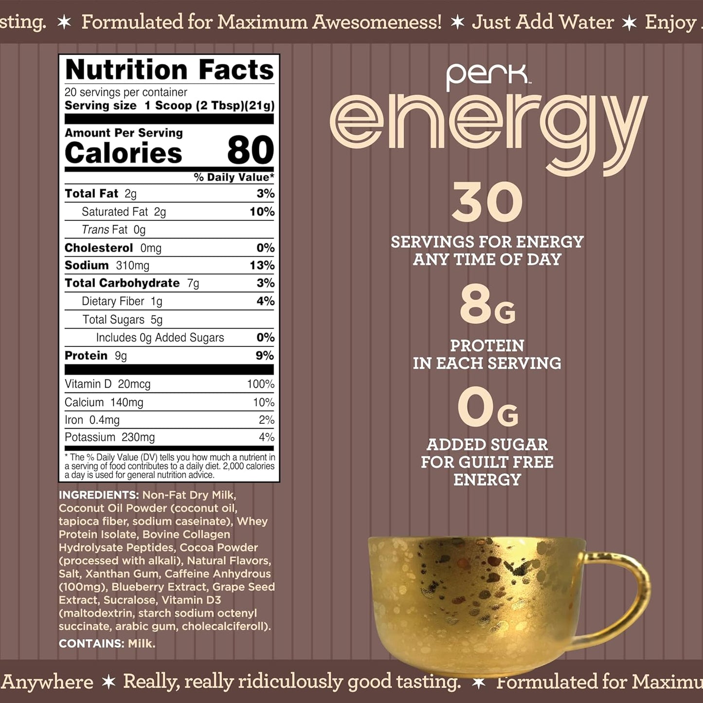 Perk Energy Original Dark Chocolate Salted Caramel Pretzel (20 Servings) - Gluten Free, Soy Free, Peanut Free