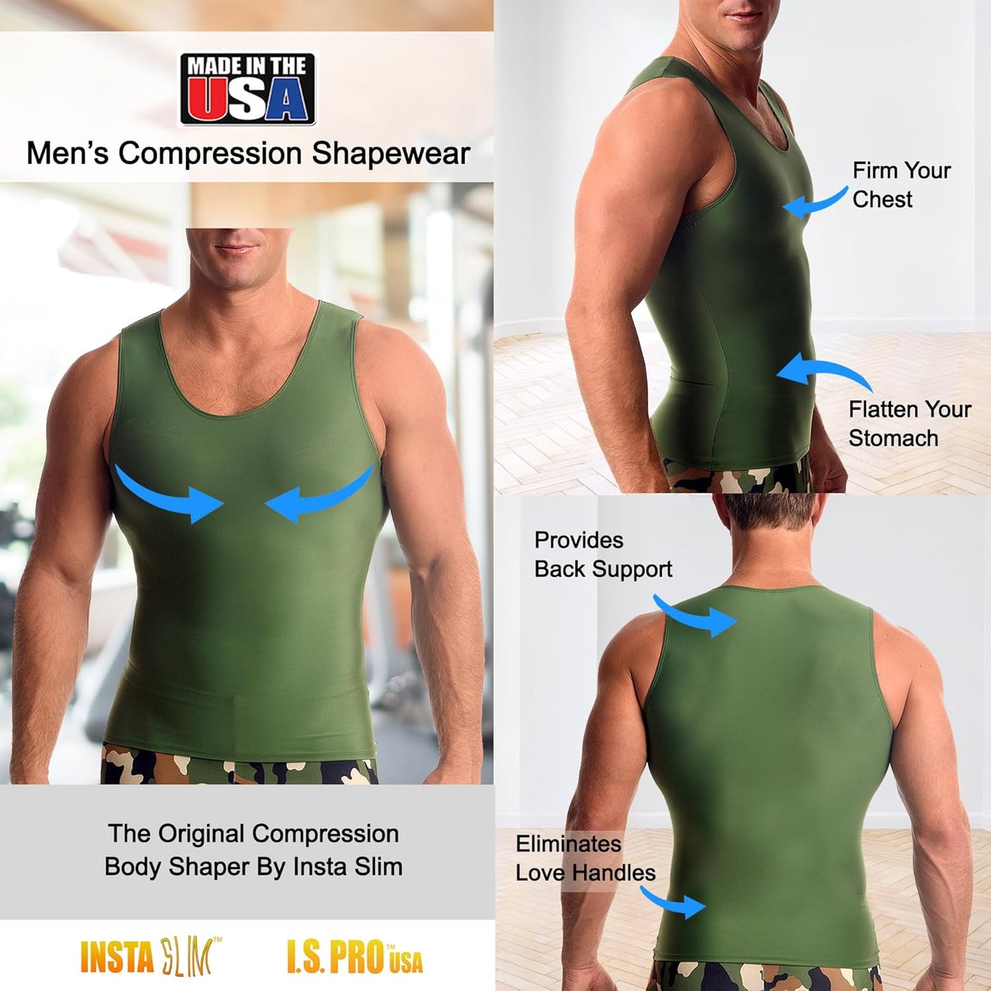 Insta Slim -Made in USA- Compression Tank-Top Shapewear for Men. Tummy Control Slimming Body-Shaper for Belly & Back Support