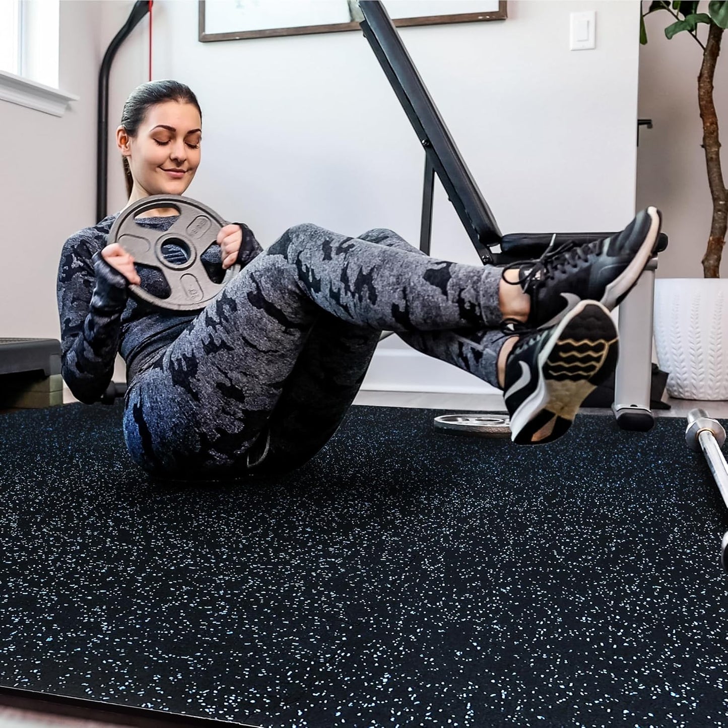 SUPERJARE 0.4'' Thick 12 Pcs 48 Sq Ft Rubber Top Exercise Equipment Mats, High Density EVA Foam Mats with Rubber Top, Interlocking Gym Flooring for Home Gym, Protective Workout Mat, Black/Blue