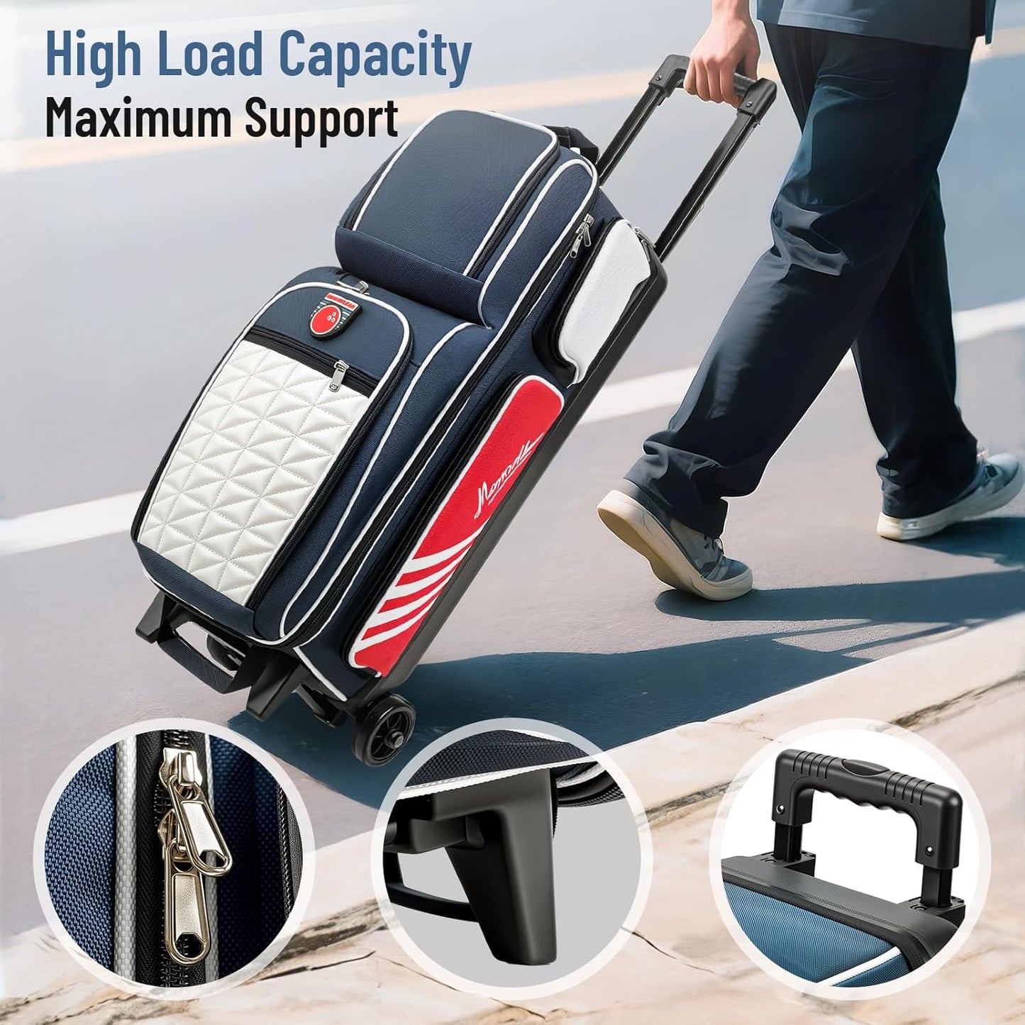 MANUEKLEAR 3 Ball Bowling Bags with Wheels, Bowling Ball Bag 3 Ball Roller with Accessory Pockets and Shoe Compartment