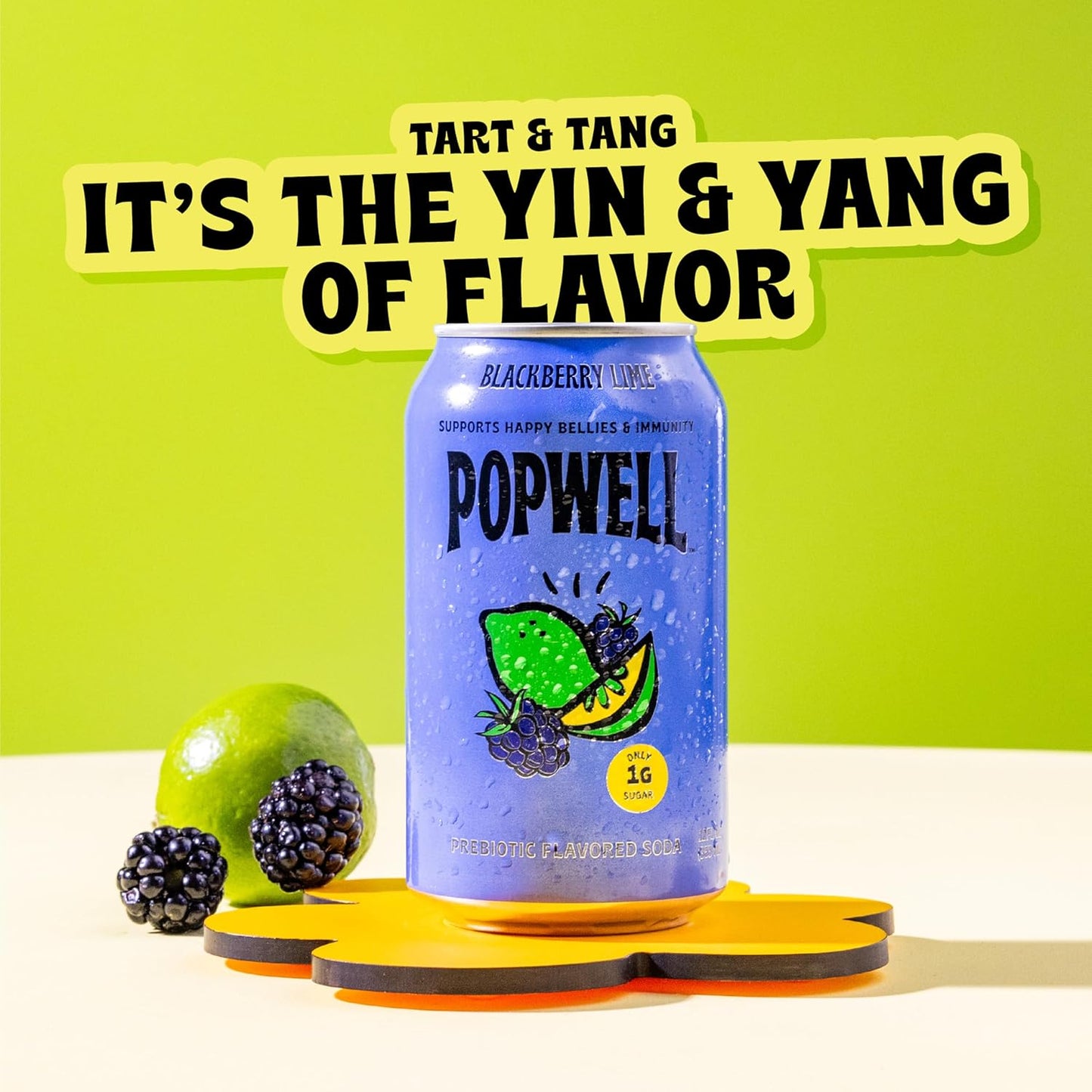 Popwell Blackberry Lime Better-For-You Prebiotic Soda, with 6g Fiber, 1g Sugar, Vitamins and Immunity Support, 12 fl oz Cans (pack of 12)