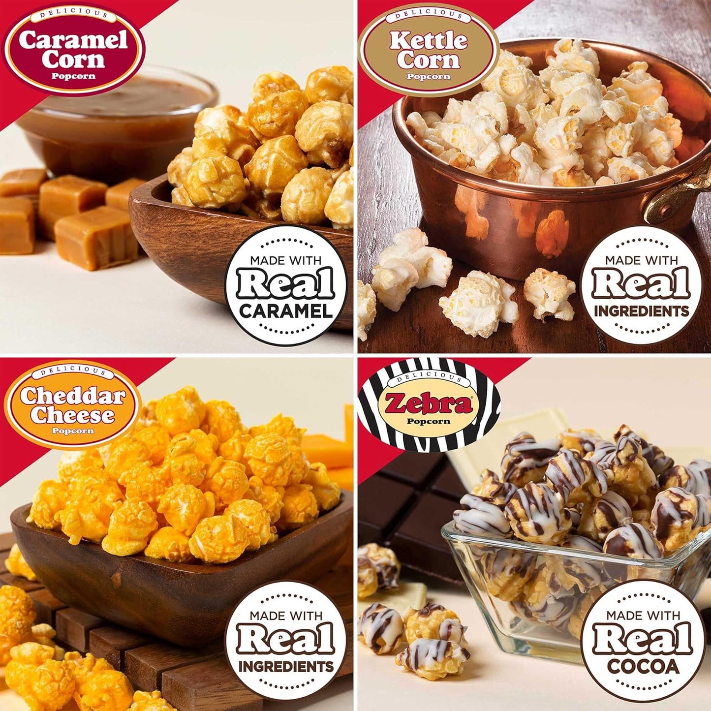 Popcornopolis Gourmet Popcorn Mini Cones Variety Pack – 10 Each of Zebra, Cheddar Cheese, Caramel & Kettle Corn Popcorn, Great for Gifting, Parties & Snacks, (40-Count Case)