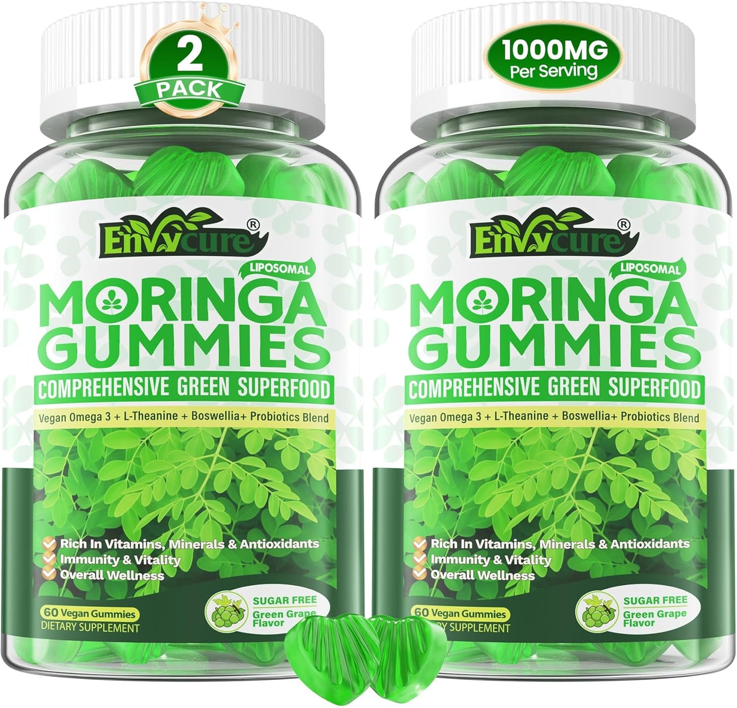 Organic Moringa Gummies 1000mg for Women Men, Liposomal Nutrient-Dense Pure Green Superfood, w/Vegan Omega-3, Boswellia, L-Theanine & Probiotic, for Energy, Focus, Antioxidants & Gut Health, 120Cts