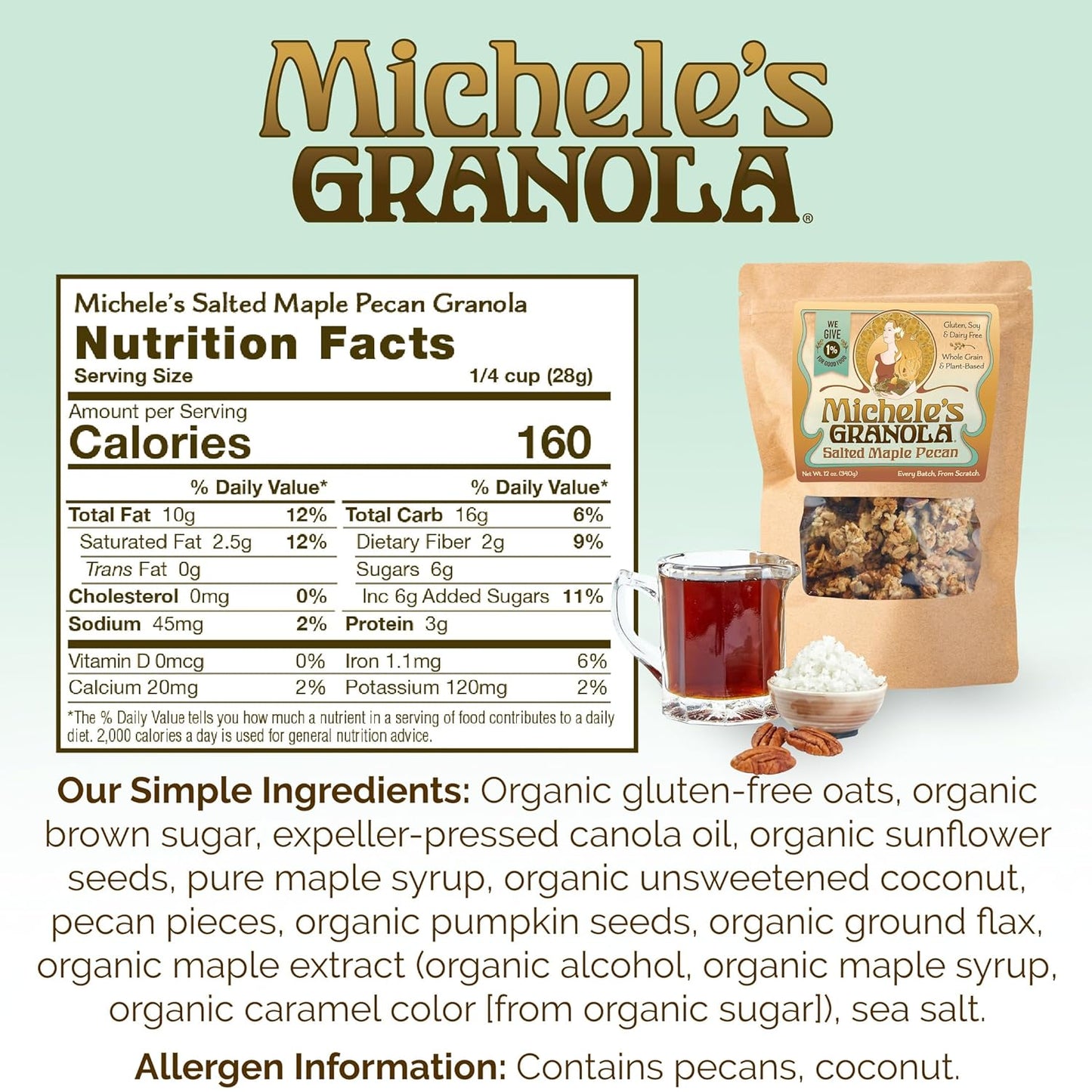 Michele's Granola - Salted Maple Pecan - Handmade Non-GMO Whole Grain Oats - Free of Gluten, Soy, Wheat, & Dairy