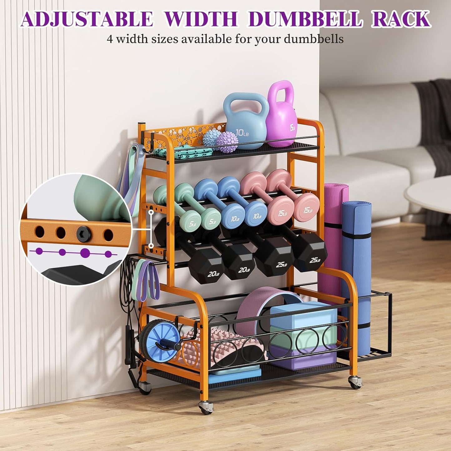 Dumbbell Rack, VOPEAK Weight Rack for Home Gym, Home Gym Storage Rack for Yoga Mat Kettlebells and Strength Training Equipment, Weight Storage Rack for Dumbbells with Wheels