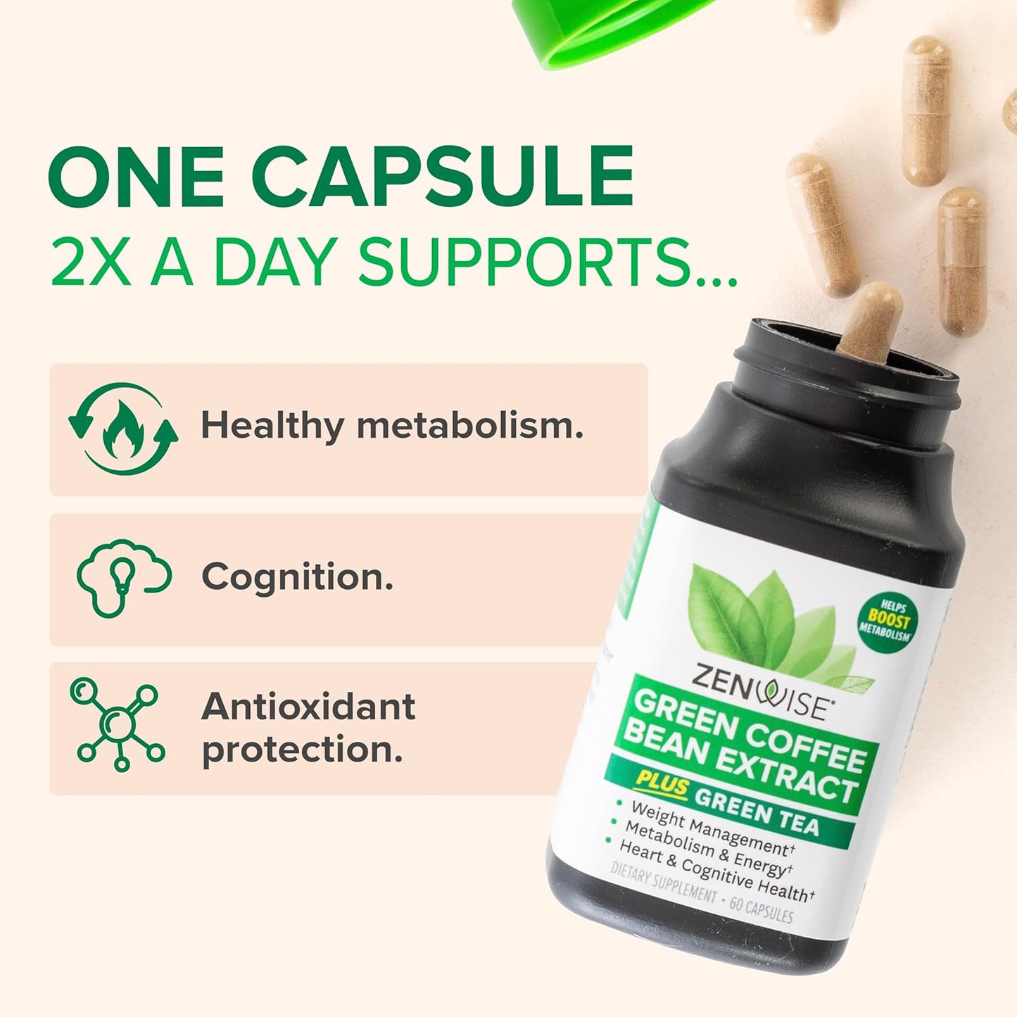 Zenwise Health EGCG Green Tea Extract Capsules with Coffee Bean Extract - 50% EGCG + 98% Polyphenols Supplement - Green Tea Pills for Skin and Heart Support + Brain Health and Memory Boost - 60 Count