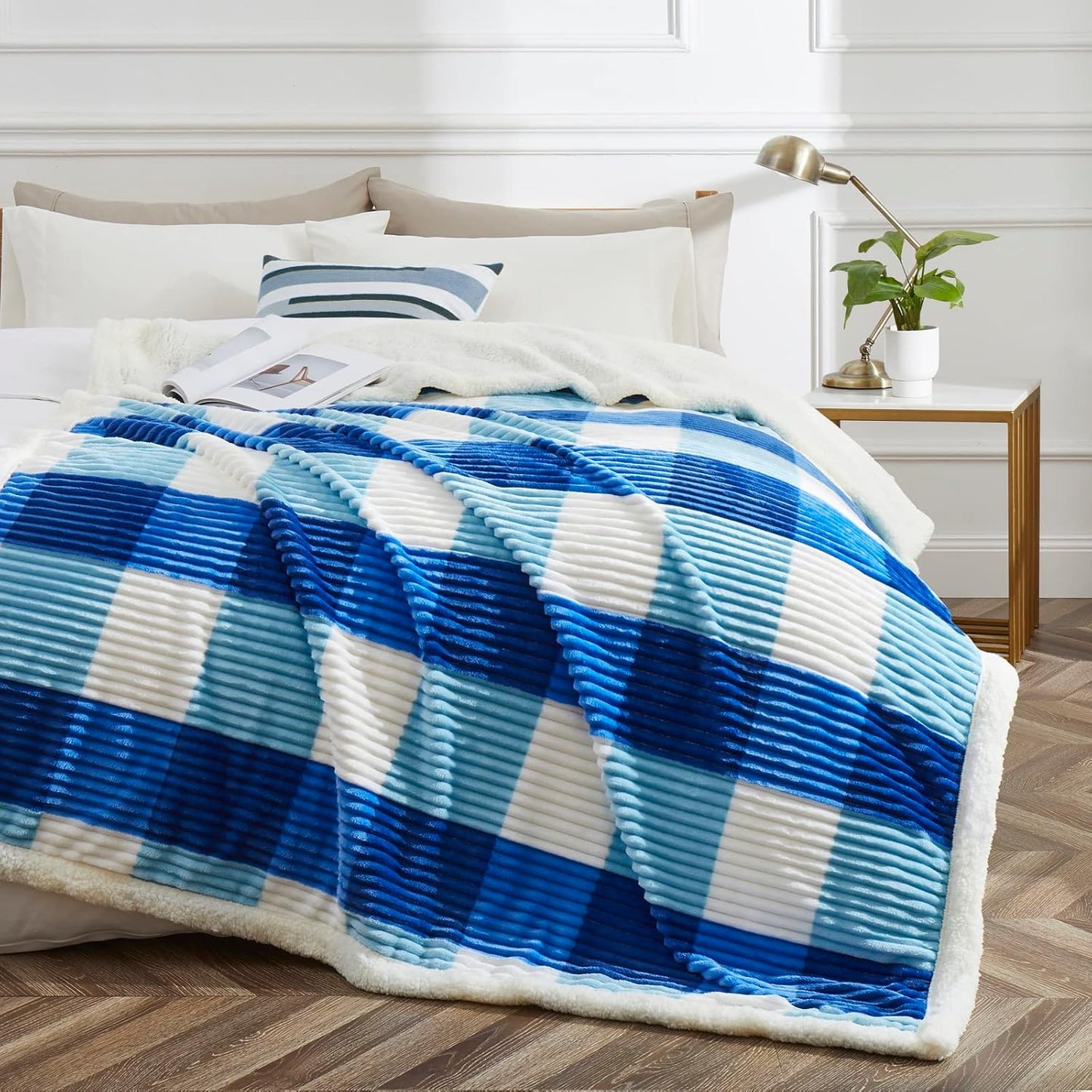 PU MEI Sherpa Blanket Twin Plaid Thick Bed Blanket, 90”*80” Super Soft Flannel Fuzzy Fleece Reversible Velvet Plush Warm Blanket for Couch(Blue Check, 80"*90")