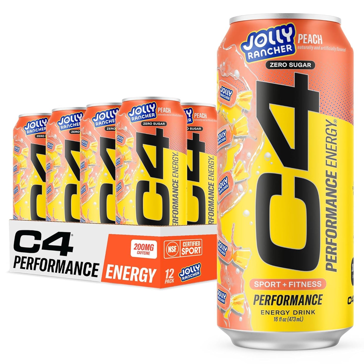 Cellucor C4 Performance Energy Drink | JOLLY RANCHER Peach | Zero Sugar Carbonated Preworkout Energy | 200mg Caffeine with Beta Alanine | 16 Fl Oz (12 Pack)