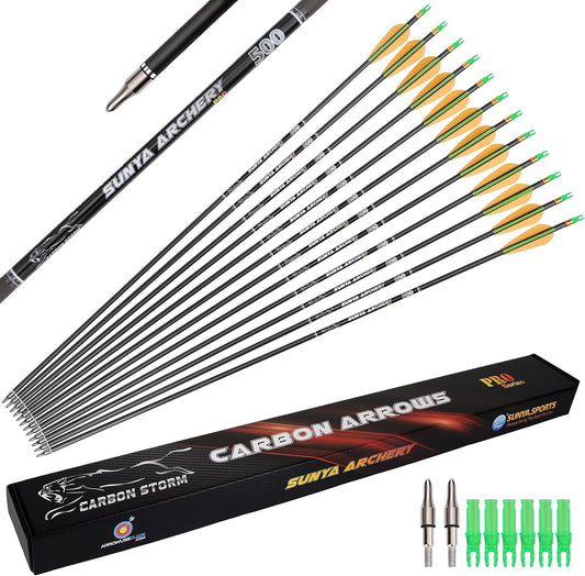 SUNYA 12-Pack 30 Inch Carbon Arrows Spine 500 or 400 for 40-60 LBS Bows｜Switch to Recurve/Compound Modes, Anti-Loose O-Ring & TPU Vanes for Hunting/Target Practice