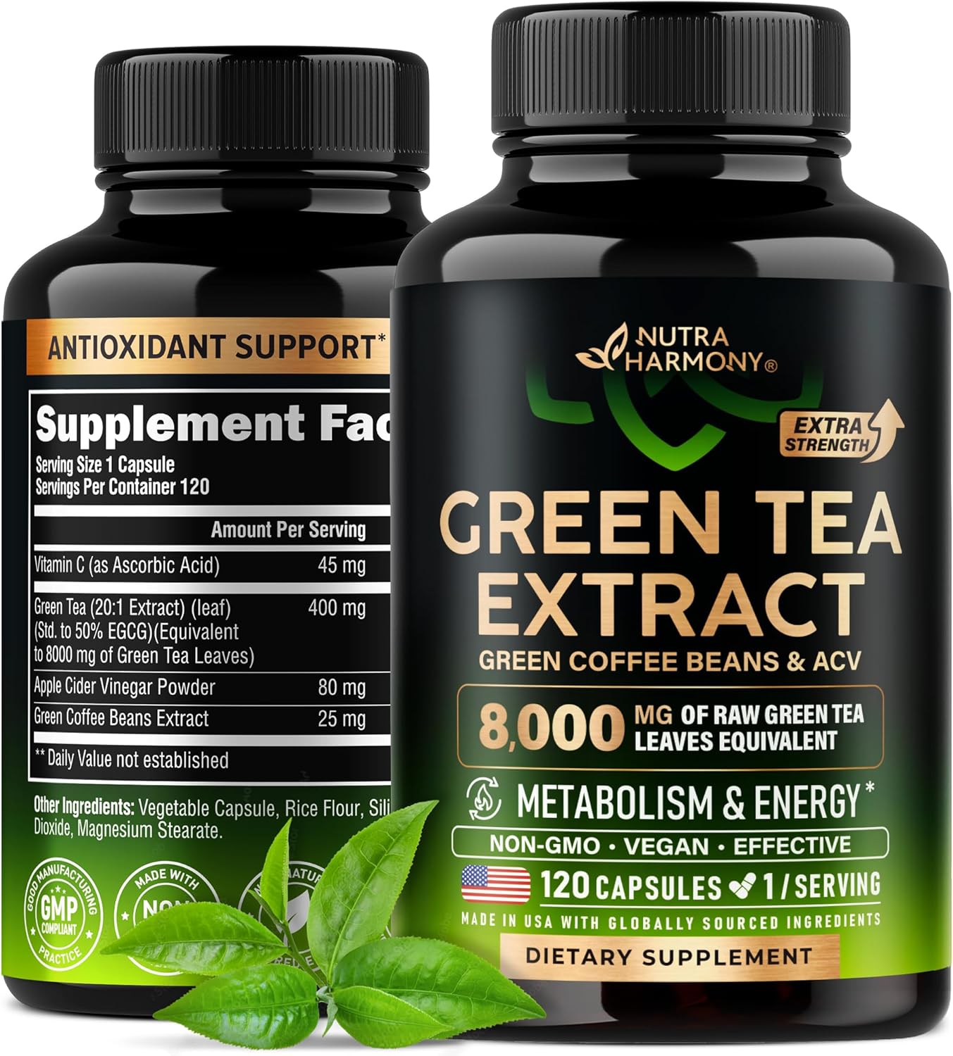 Green Tea Extract Capsules with Green Coffee Beans & Apple Cider Vinegar - Energy & Metabolism Support - Green Tea Supplement 50% EGCG - 20:1 Natural Extract - for Men & Women - 120 Vegan Capsules