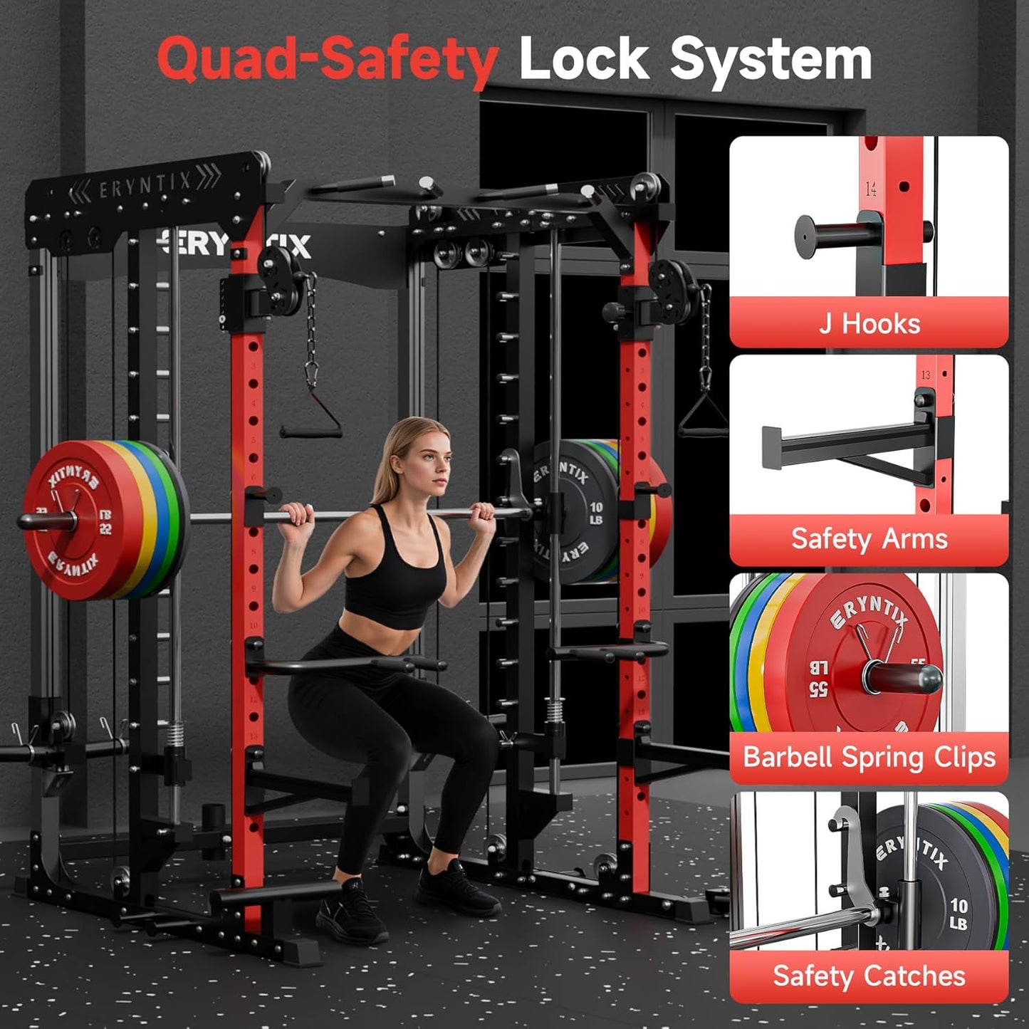 Smith Machine Power Rack | All-in-One Power Cage with Adjustable J-Hooks, Squat Rack for Home Gym, Cable Machine & Pull-Up Bar | Home and Garage Gym Equipment for Strength Training