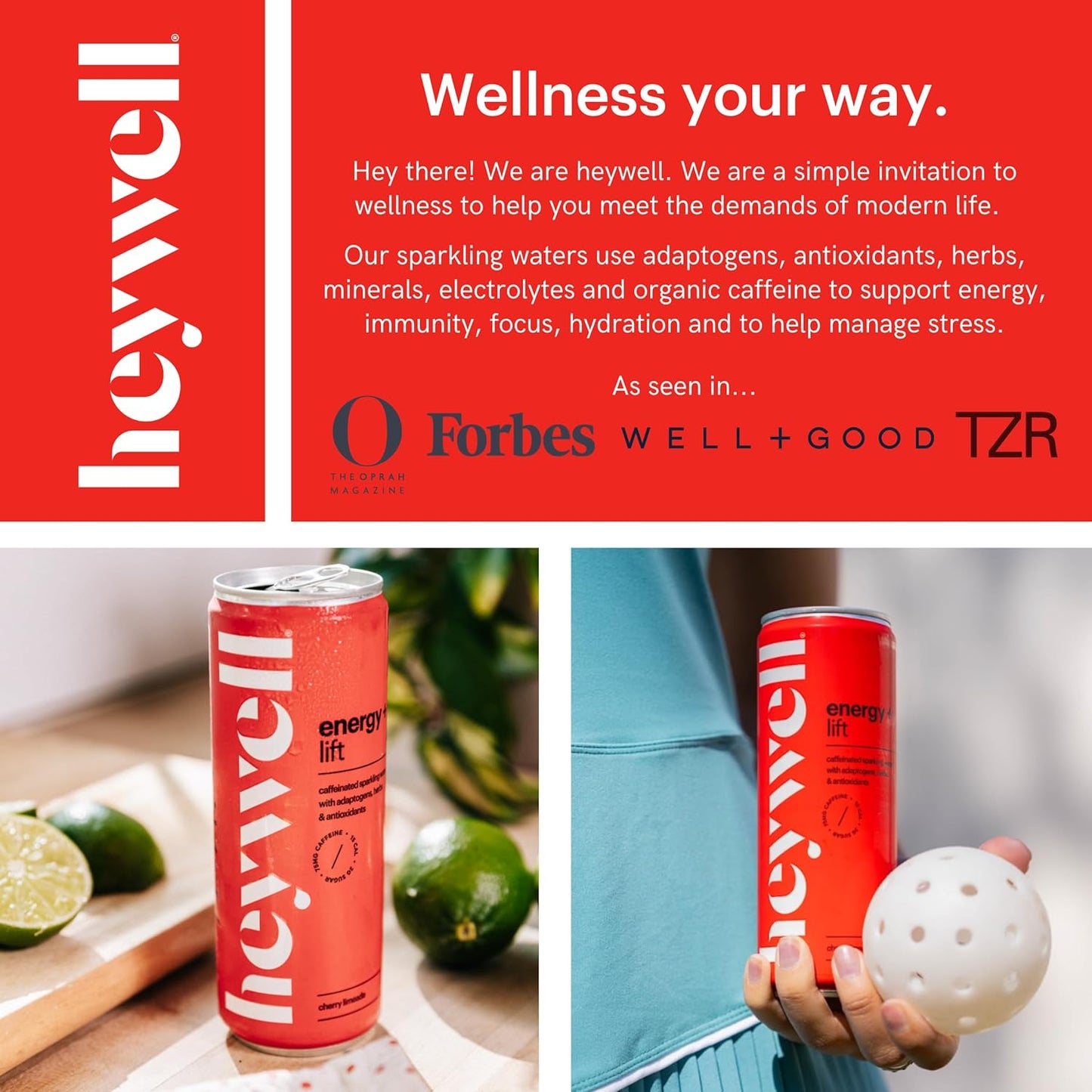 Heywell Sparkling Adaptogenic Water Energy and LIft, Cherry Limeade Flavor 12 Fluid Ounce (Pack of 12) - Caffeinated, Organic, Non GMO, Vegan, Gluten Free, Dairy Free