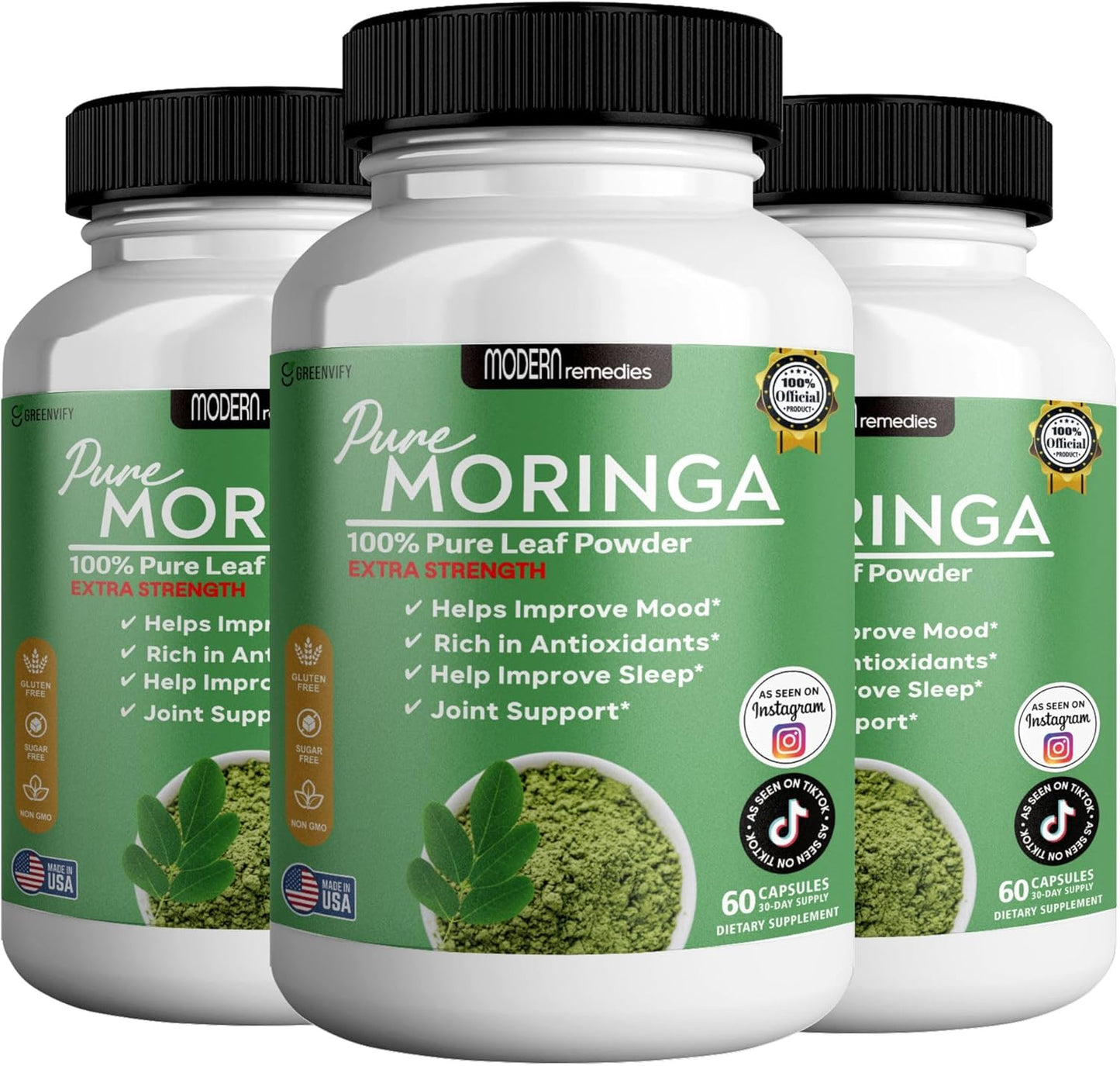 Modern Remedies Pure Moringa Max Leaf Powder Supplement, 800mg, 60 Capsules, Extra Strength for Mood, Sleep and Joint Support, Gluten Free (3)