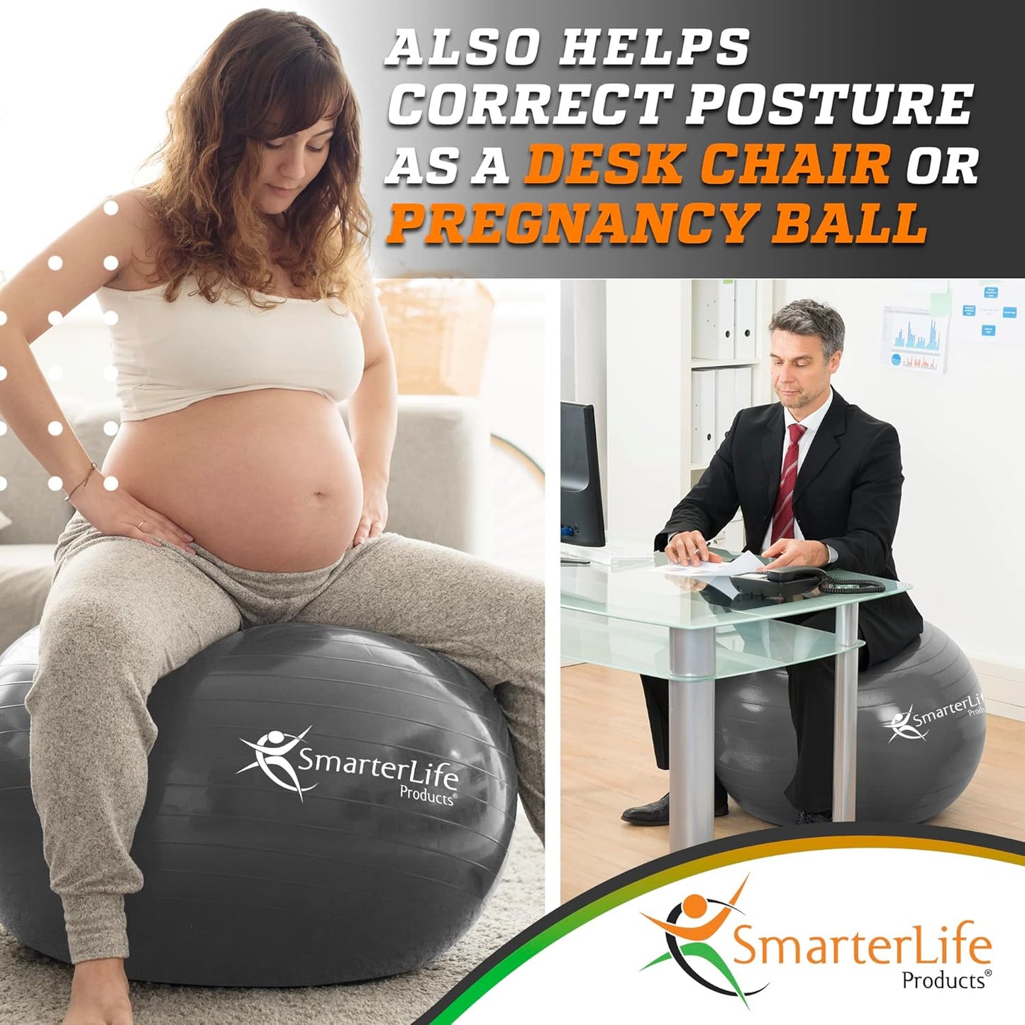 SmarterLife Exercise Ball Yoga Ball for Fitness, Balance, Stability, or Pregnancy, Gym Ball for Core Workout, Physical Therapy, Yoga Ball Chair for Office, Anti-Slip Anti-Burst