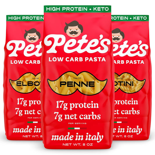 17g High Protein Variety Penne, Rotini, Elbow Macaroni Pasta | 7g Low Carb Keto Pasta | Healthy, Italian Pasta From Italy | 3-Pack, 8oz - Pete's Pasta