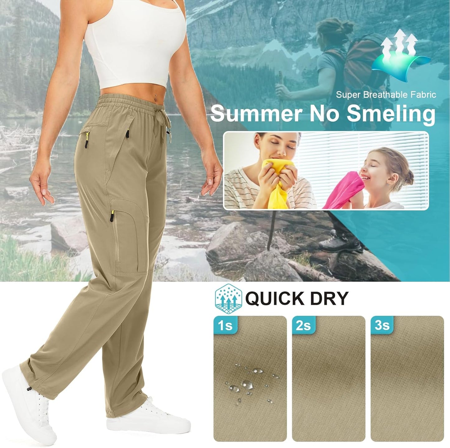 Womens Hiking Pants Quick Dry UPF 50 Lightweight Travel Golf Cargo Safari Pants Zipper Pockets