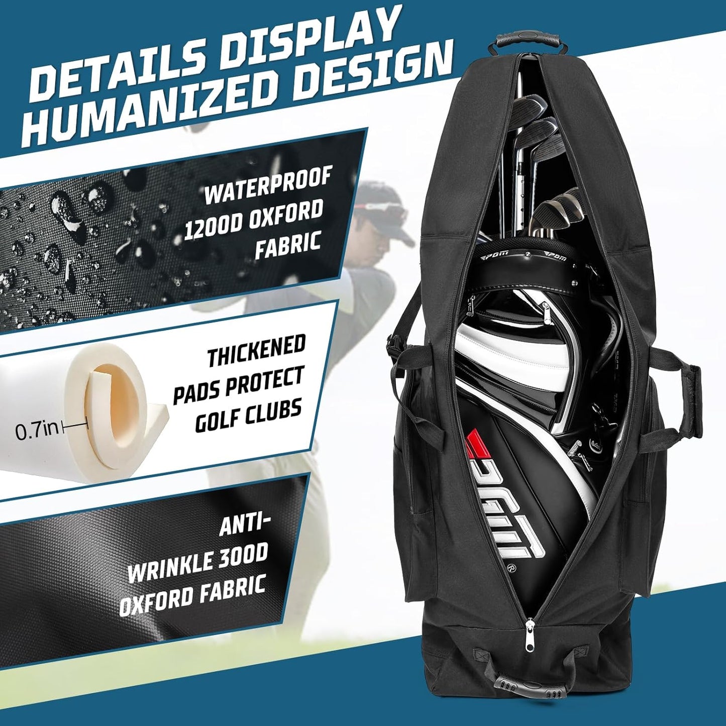 Golf Travel Bag with Wheels, Portable Golf Club Travel Cover for Airlines, 4 Large Pockets,1200D Heavy Duty Wear-Resistant, Soft Sided Foldable Golf Travel Case for Easy Storage