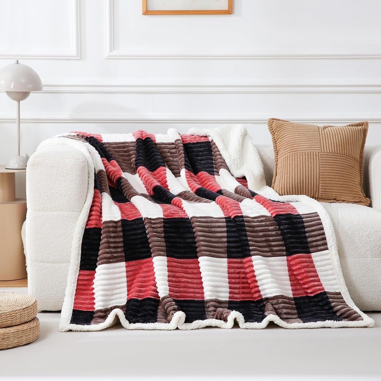 PU MEI Sherpa Blanket Twin Plaid Thick Bed Blanket, 80”*90”Super Soft Flannel Fuzzy Fleece Reversible Velvet Plush Warm Blanket for Couch (Black Red Check)