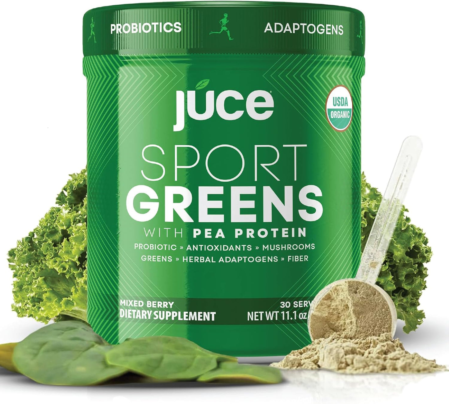 Juce SG7 Sport Greens Powder Supplement | Organic Plant Based Protein | Green Juice Powder | Probiotics | Mushrooms | Mixed Berry Flavor | 30 Servings | By Terra Kai Organics