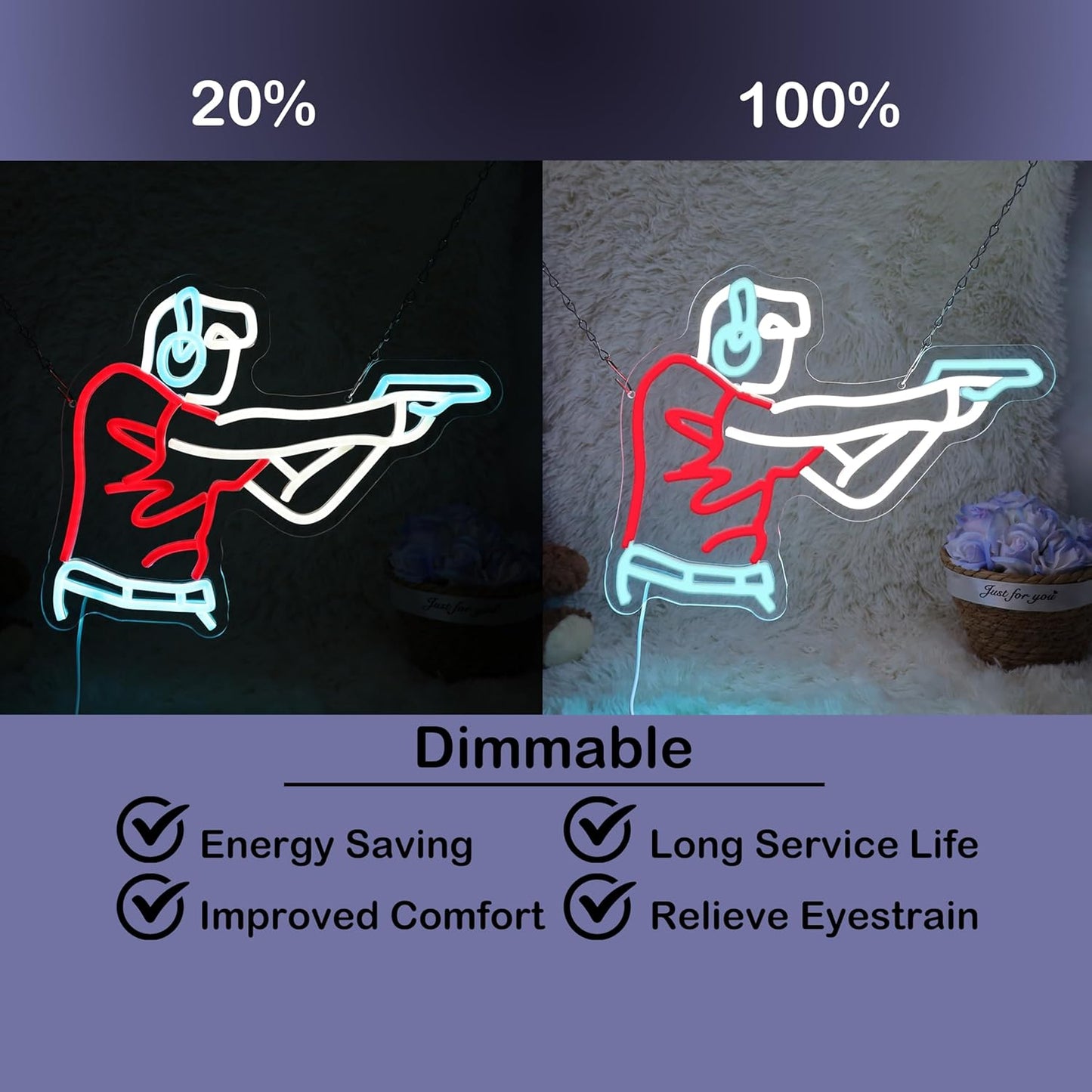 Man Shooting Neon Sign Gun Led Light Up Sign Game Player Gifts Dimmable Shooting Decor for Gun Club Decor Man Cave Game Room 15"×11.9"