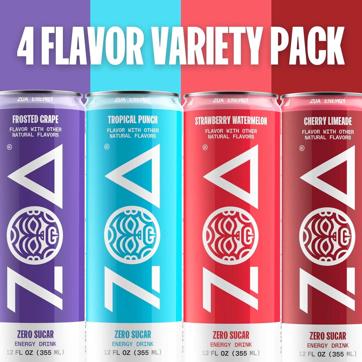 ZOA Zero Sugar Energy Drinks, Variety Pack - Sugar Free with Electrolytes, Healthy Vitamin C, Amino Acids, Essential B-Vitamins, and Caffeine from Green Tea - 12 Fl Oz (12-Pack)