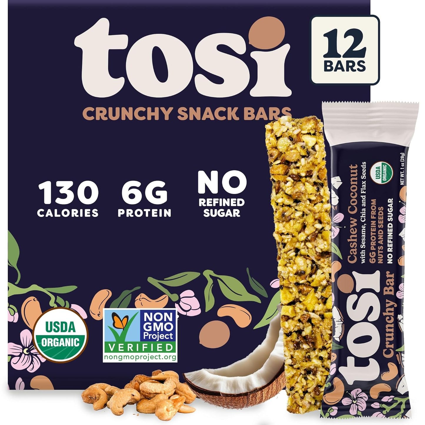 Tosi Cashew Coconut Protein Bars - Crunchy Nut & Seed Vegan Snack Bars, Gluten Free, 6g Plant Based Protein, Organic Flax, Chia, Sesame Seeds, Omega 3s, Low in Sugar, Dairy Free, No Soy - 1 oz 12-Pack