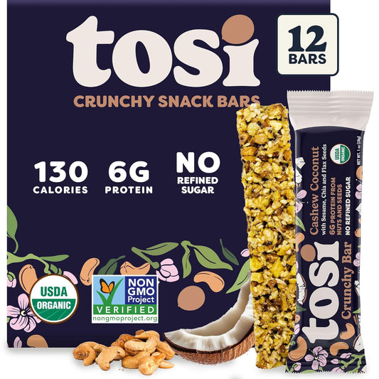 Tosi Cashew Coconut Protein Bars - Crunchy Nut & Seed Vegan Snack Bars, Gluten Free, 6g Plant Based Protein, Organic Flax, Chia, Sesame Seeds, Omega 3s, Low in Sugar, Dairy Free, No Soy - 1 oz 12-Pack