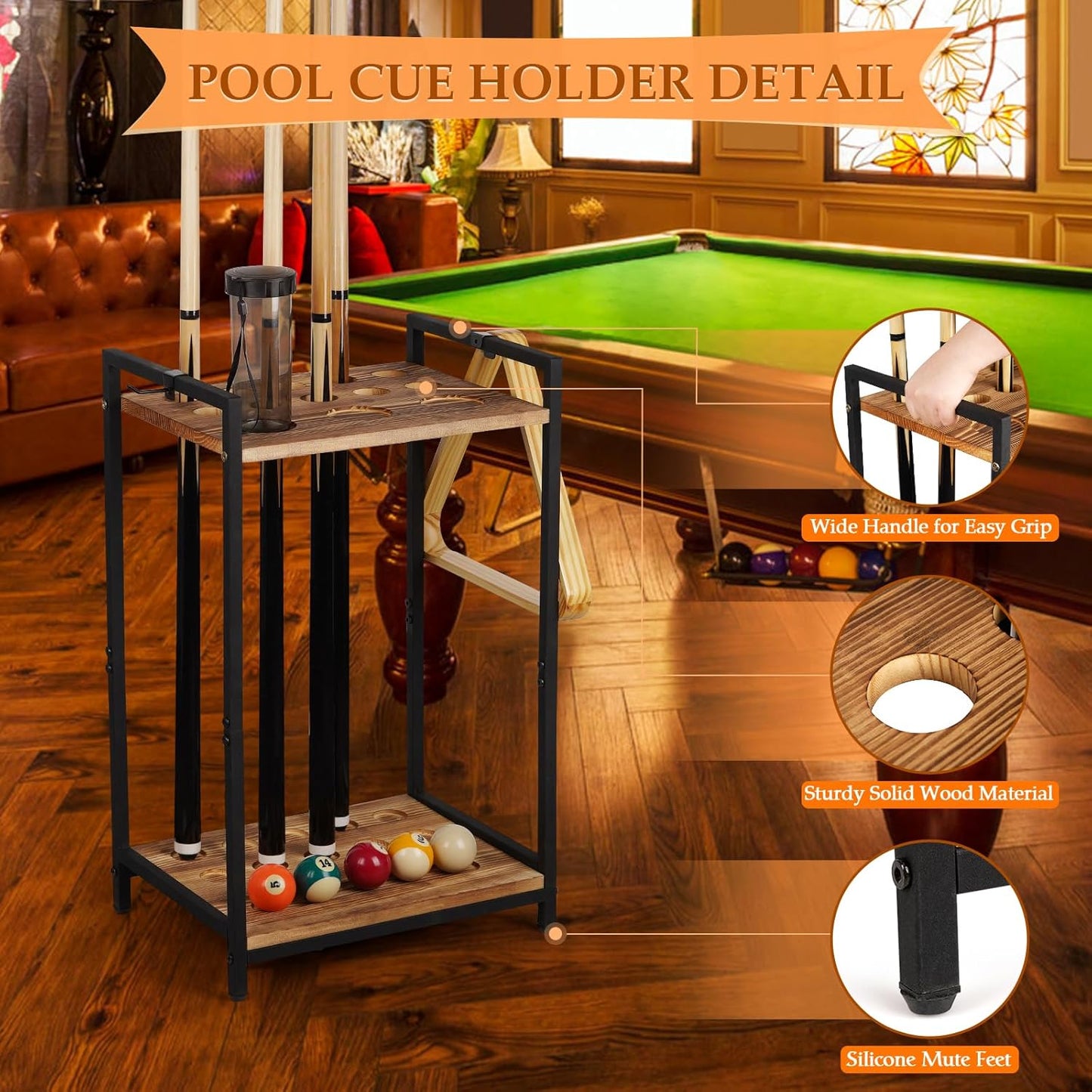 Pool Stick Holder - Freestanding Pool Cue Holder Floor Stand Wooden Cue Stick Holder 10-Hole Billiard Cue Racks for Game Room Billiard Room Decor Club Pool Table Accessories