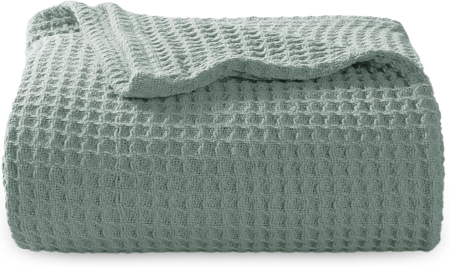 Bedsure 100% Cotton Blanket Twin XL Size for College Dorm - Breathable and Soft, Waffle Weave Twin Blanket for Summer, Dorm Room Essentials, Sage Green, 66x90 inches