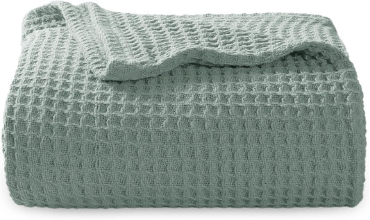 Bedsure 100% Cotton Blanket Twin XL Size for College Dorm - Breathable and Soft, Waffle Weave Twin Blanket for Summer, Dorm Room Essentials, Sage Green, 66x90 inches