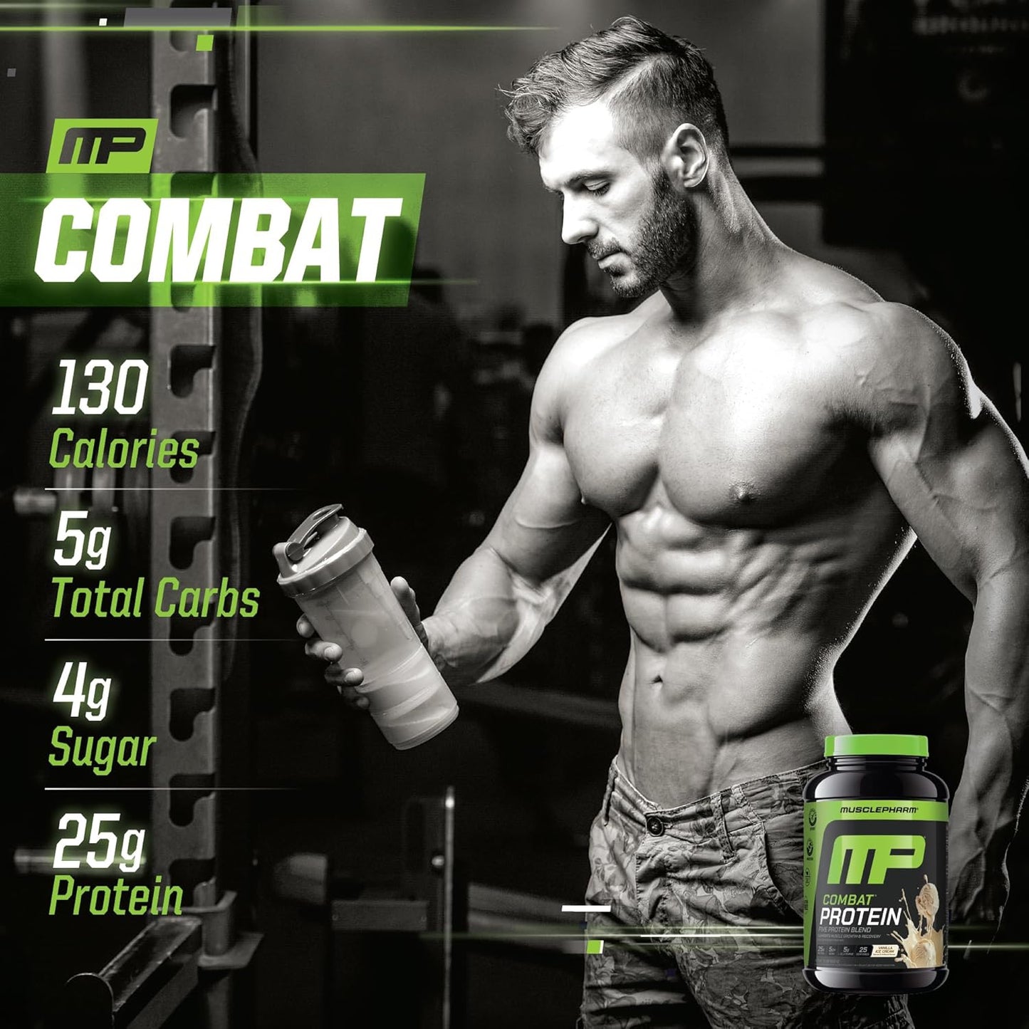 MusclePharm Combat Protein Powder, Vanilla Flavor, Fuels Muscles for Productive Workouts, 5 Protein Sources Including Whey Protein Isolate & Egg Albumin, Gluten Free, 2 lb, 25 Servings