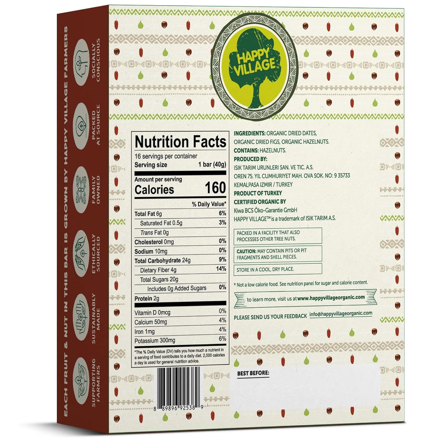 Happy Village Organic Fig & Nut Bars, DATE | Only 3 Ingredients, Gluten Free, No Added Sugar, Kosher, Non-GMO, Vegan, Good Source of Fiber | Organic Healthy Snack Bars (16 bars, 1.4 OZ each)
