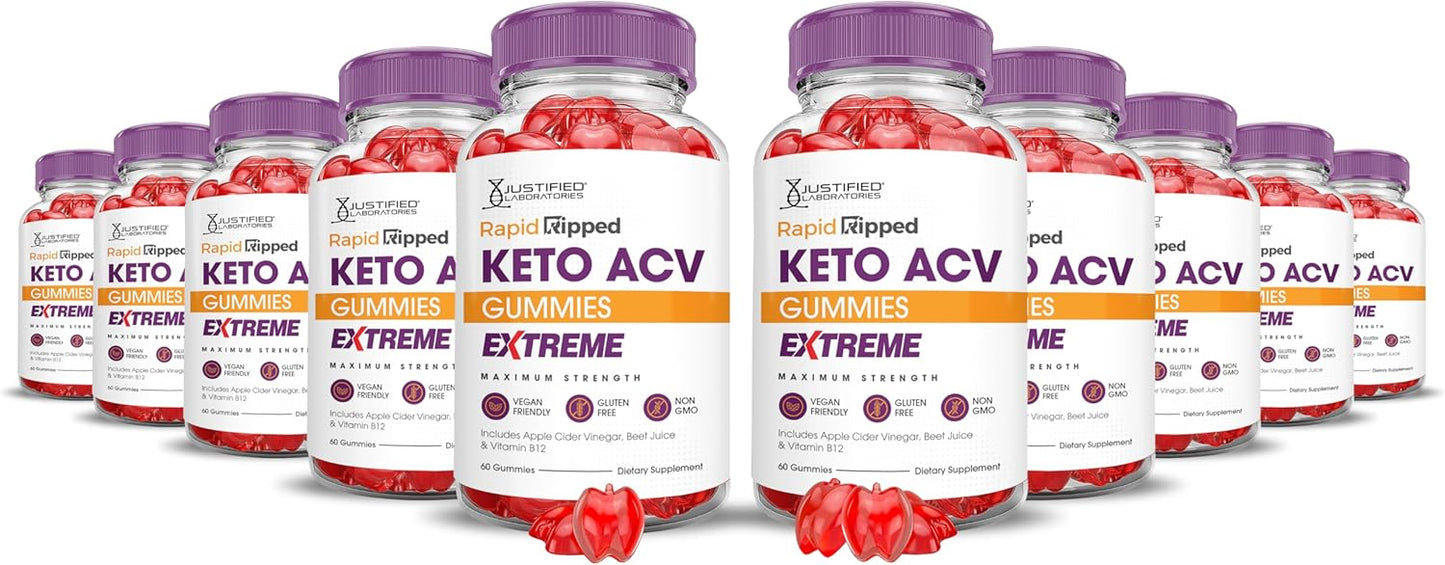 (10 Pack) Rapid Ripped Keto ACV Gummies Extreme 2000MG Rapidripped Keto Gummies Apple Cider Vinegar Formulated with Pomegranate Beet Juice Powder B12 Vegan Non GMO 600 Gummys