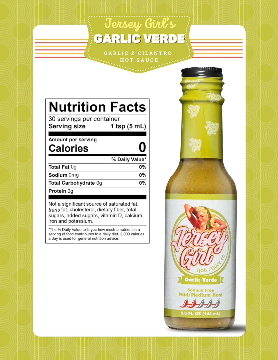 Jersey Girl Hot Sauce - Garlic Verde - No Added Salt - Naturally Sodium Free – All-Natural Healthy Ingredients with Hand-Picked Habaneros & Jalapeno Peppers - Mild/Medium Heat