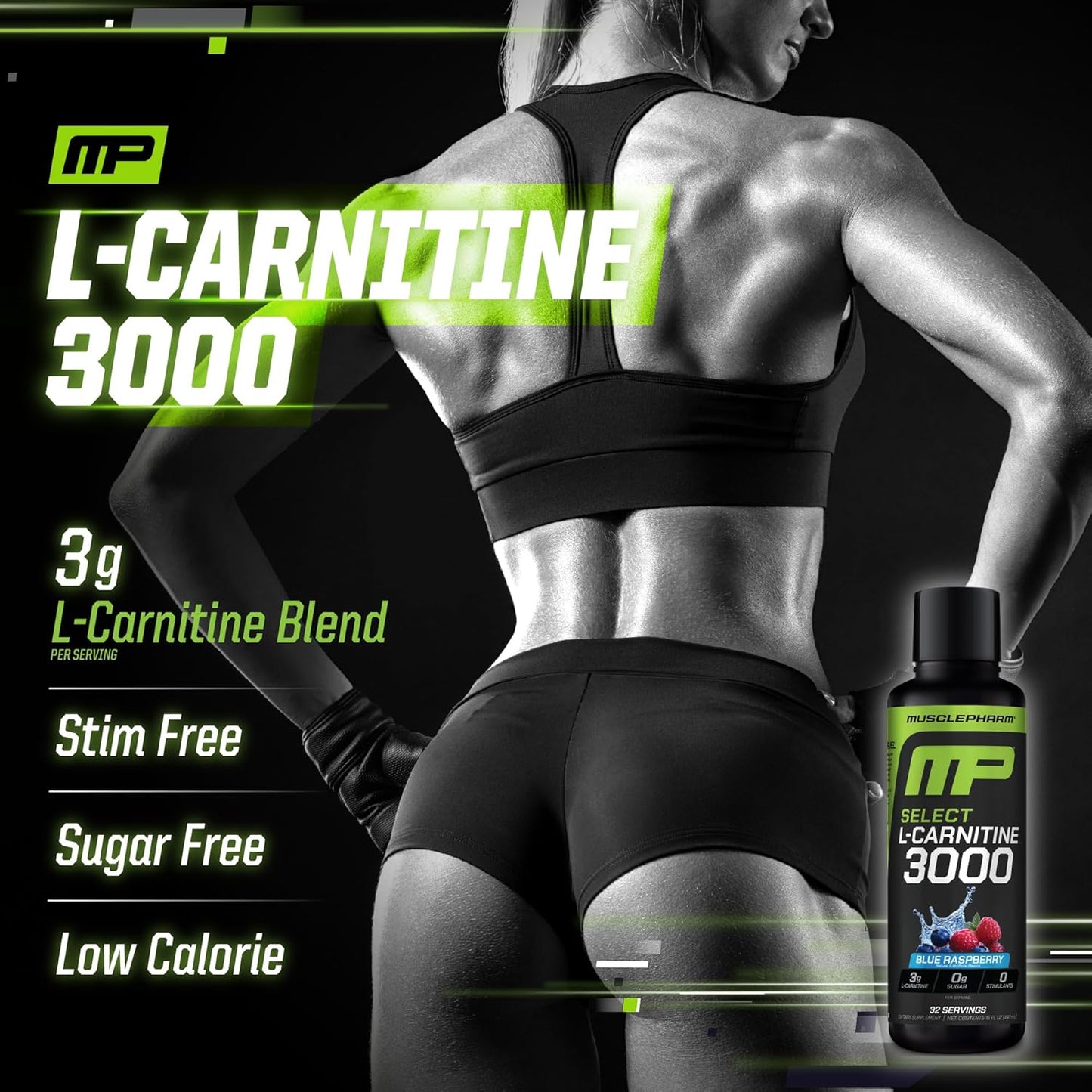 Muscle Pharm L-Carnitine 3000, The Ultimate Liquid L Carnitine Supplement for High-Performance, Supports Metabolism, Hydration & Energy, Zero Sugar/Calories, Blue Raspberry Flavor, 32 Servings