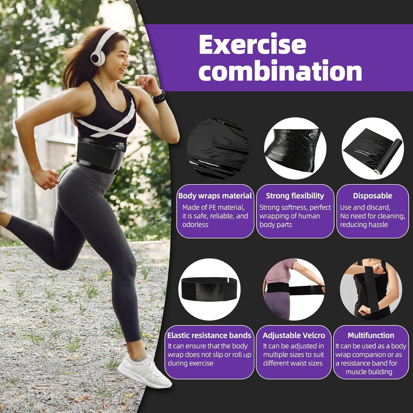 4 Rolls 60 Meters Black Osmotic Plastic Body Wrap Exercise & Fitness Sweat Enhancer Anti-Shedding Yoga Training Band Set, DIY Sauna Wrap Pilates Workout