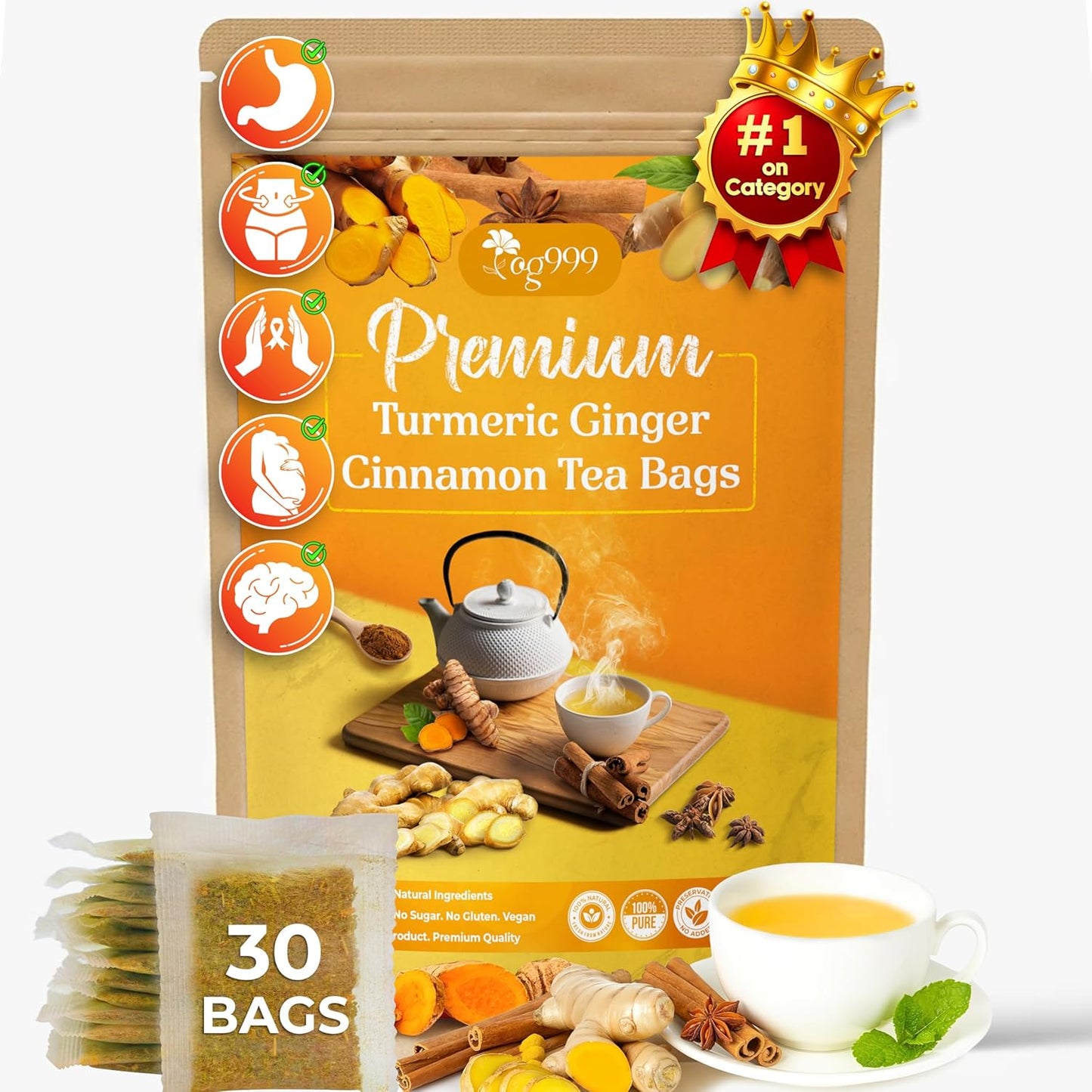 30 Bags Premium Turmeric Ginger Cinnamon Tea, Improve Digestion, Support Brain, Weight, Skin and Sleep, Eco-Conscious Tea Bags and Premium Natural Ingredients. Turmeric Ginger Herbal Tea. No Sugar, No Caffeine, No Gluten, Vegan.
