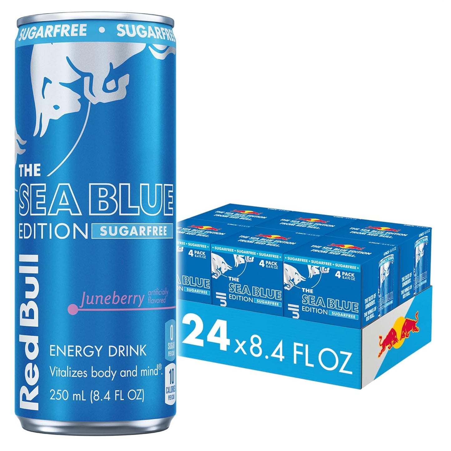 Red Bull Sea Blue Edition Sugar Free Energy Drink, Juneberry, 8.4 fl. oz., 6 x 4 Cans, Pack of 24 Cans, with 80mg Caffeine, Taurine & B Vitamins
