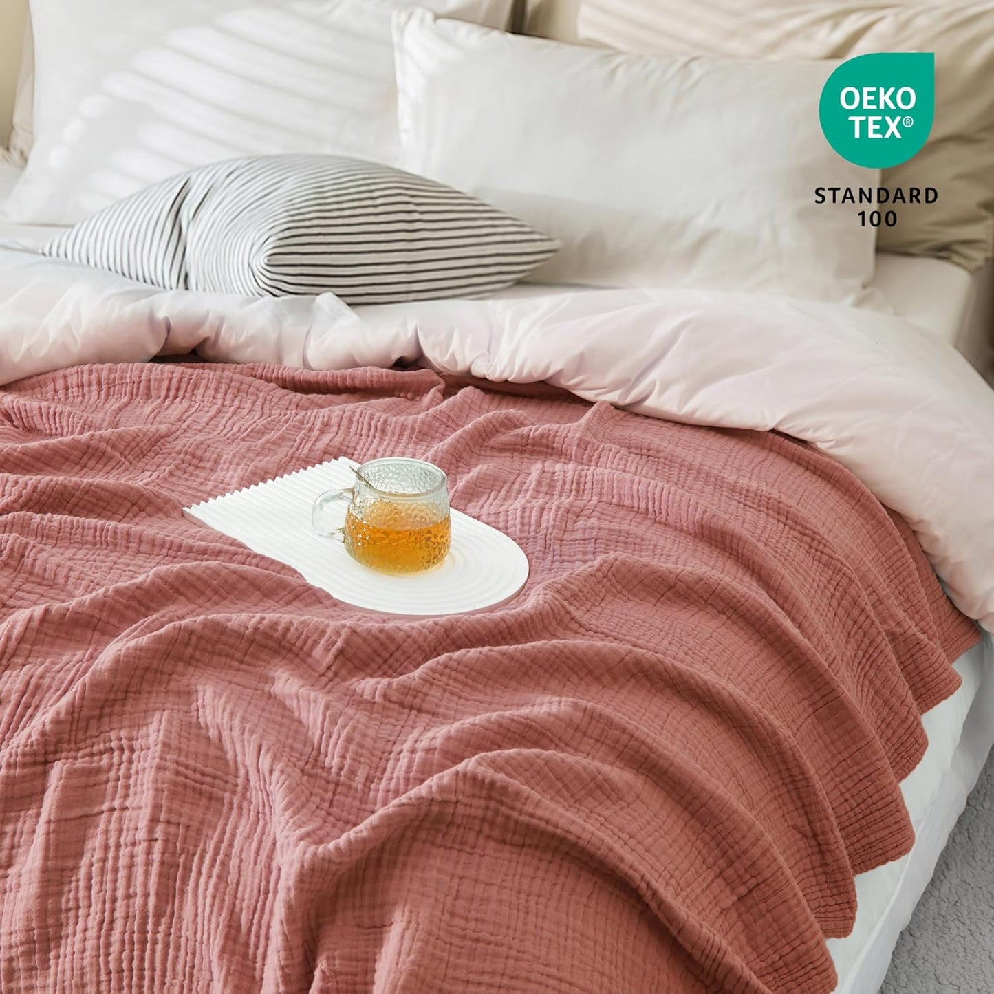 Carriediosa 100% Cotton Muslin Throw Blanket 108" X 90" King Size，4-Layers Summer Gauze Throws for Bed Couch，Soft Lightweight Breathable Linen Blankets Bedspread for Adults All Season，Mauve