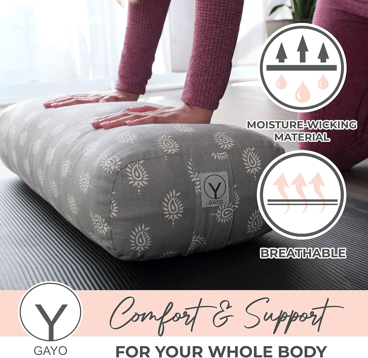 GAYO Yoga Bolster for Restorative Yoga - 100% Cotton, Includes Washable Cover and Carry Bag