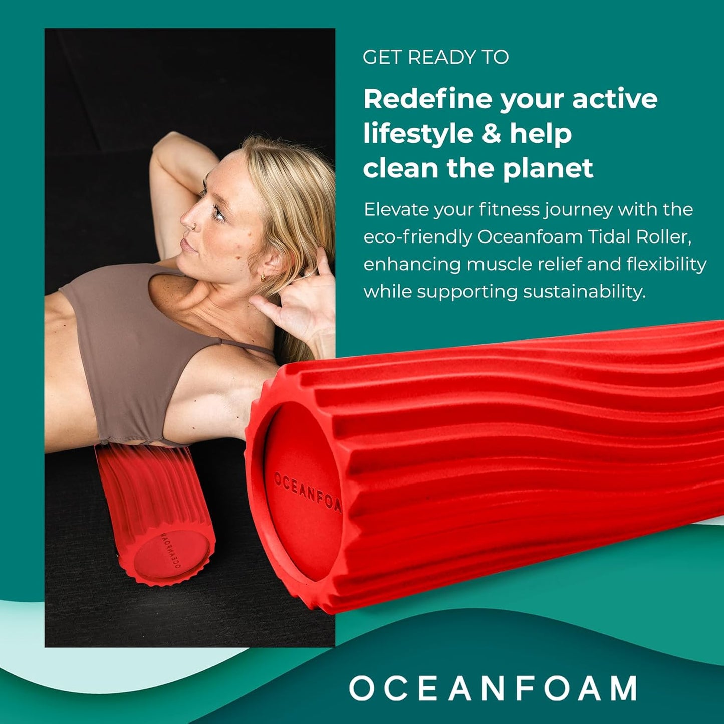 Oceanfoam Tidal Roller - Red - Muscle Massage Foam Roller for Back Pain & Stretching - Firm and Ergonomic Wide Wave Textured - Yoga, Athletics, & Wellness - Full Size, 20" x 5"