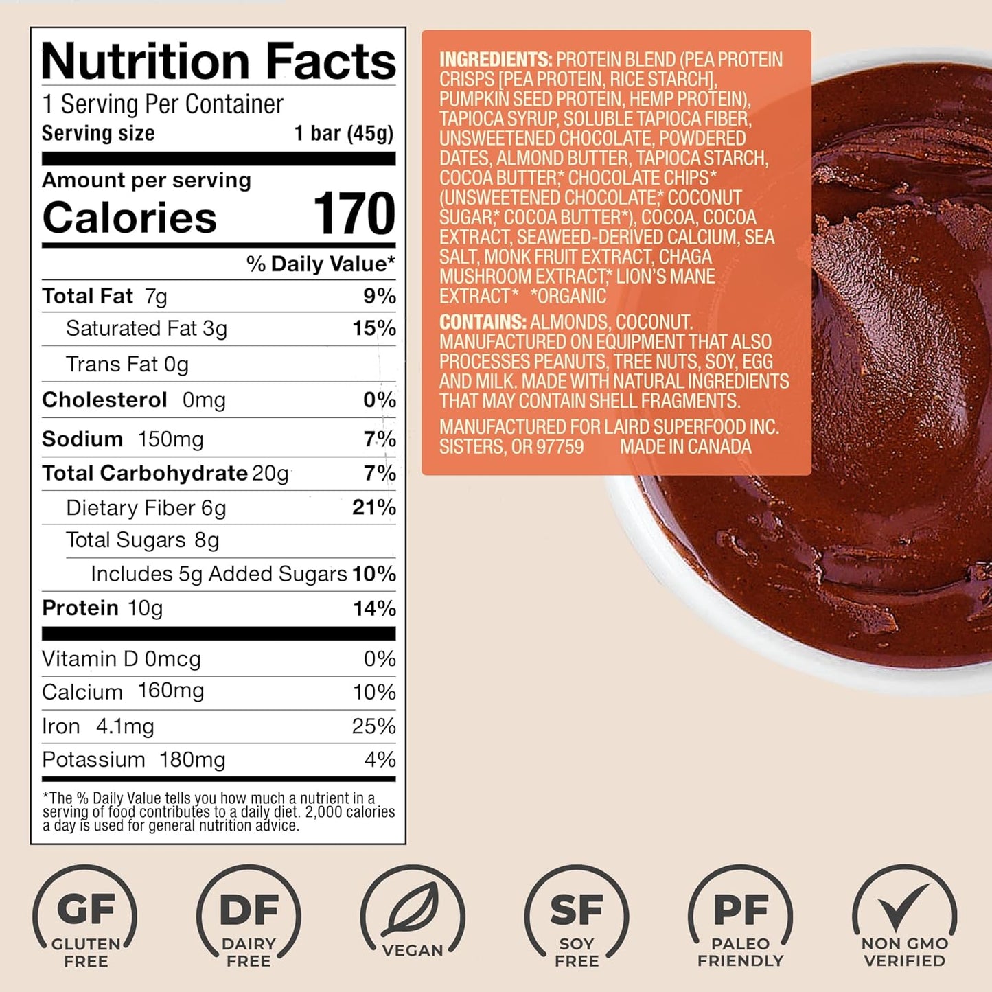 Laird Superfood Functional Protein Bars – Protein Bar but Better with Real Ingredients, Functional Mushrooms 10g Plant-Based Protein, 6g Fiber - Non-GMO - Dark Chocolate Sea Salt, 10 Count (Pack of 1)