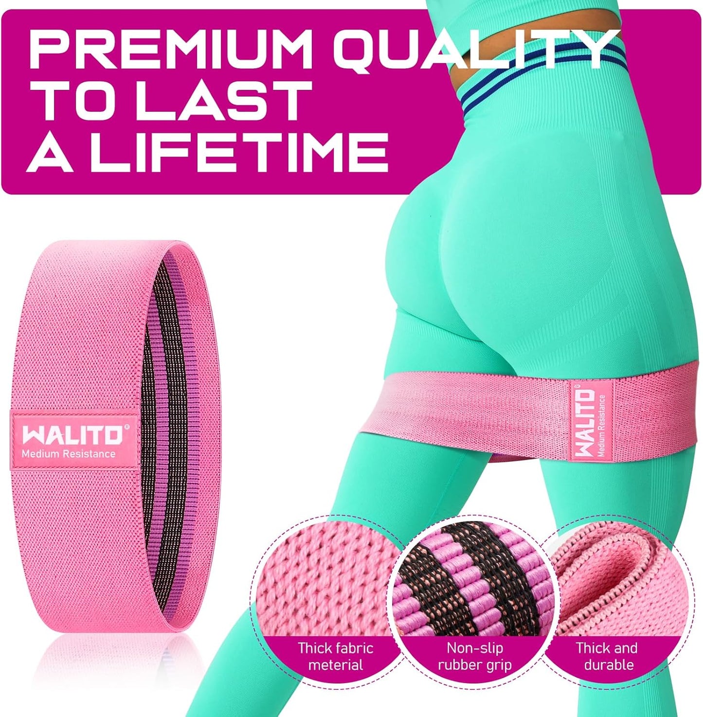 WALITO Resistance Bands for Working Out, Fabric Exercise Bands for Legs and Butt, Workout Bands for Women and Men, Booty Band for Yoga Starter Set, Pilates, Rehab, Fitness and Home Workout