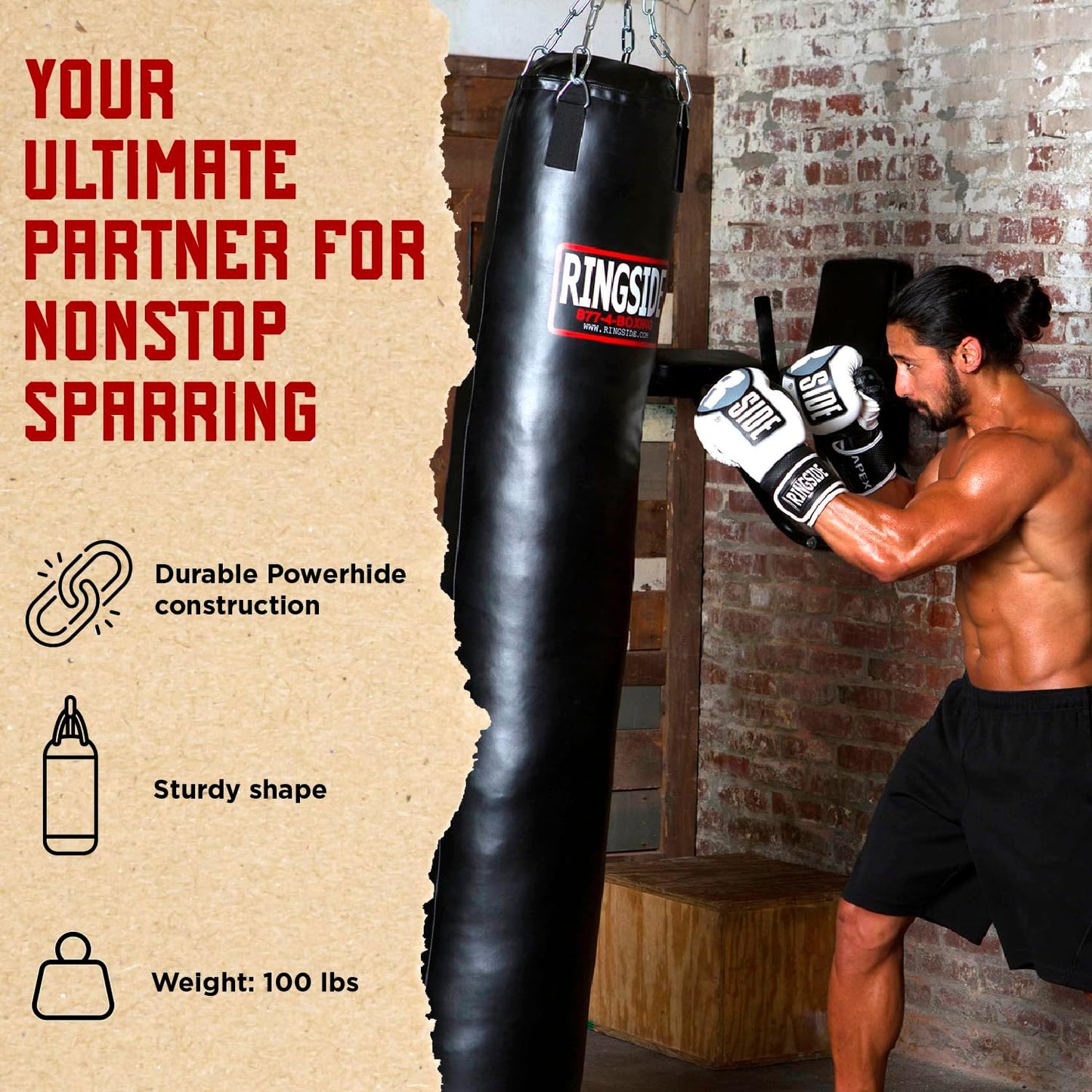 Ringside 100-Pound Muay Thai Heavy Bag, Sturdy Powerhide Punching Bag for Boxing, MMA, Muay Thai, and Kickboxing Training and Workout, Includes Chain and Swivel, Black, 72" H x 13" Dia.