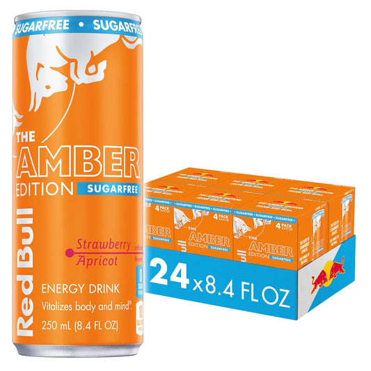 Red Bull Amber Edition Sugar Free Energy Drink, Strawberry Apricot, with 80mg Caffeine plus Taurine & B Vitamins, 8.4 Fl Oz, 6 Packs of 4 Cans (Pack of 24)