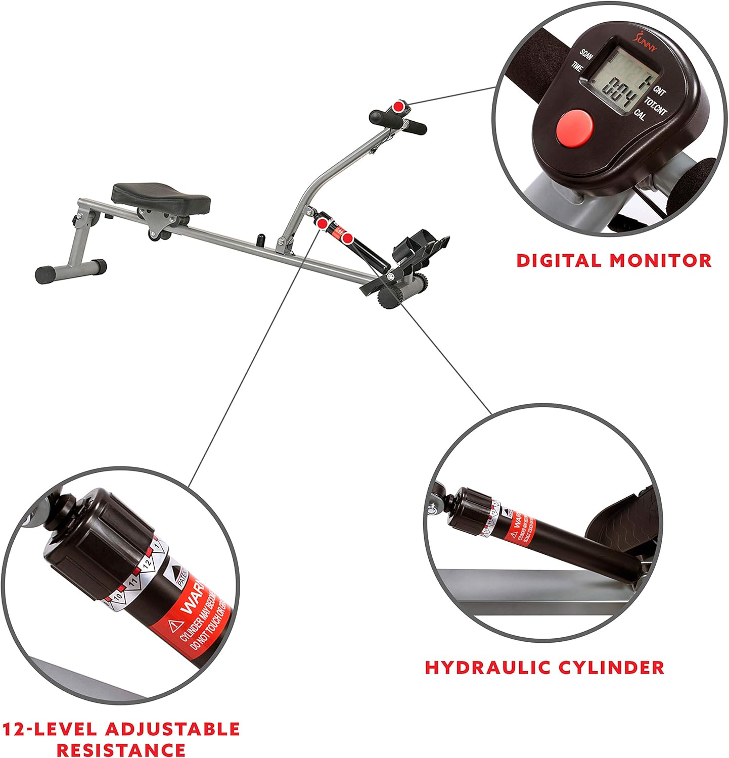 Sunny Health & Fitness Compact Adjustable Rowing Machine with 12 Levels of Resistance for Complete Body Workouts and Optional Free SunnyFit App Enhanced Connectivity
